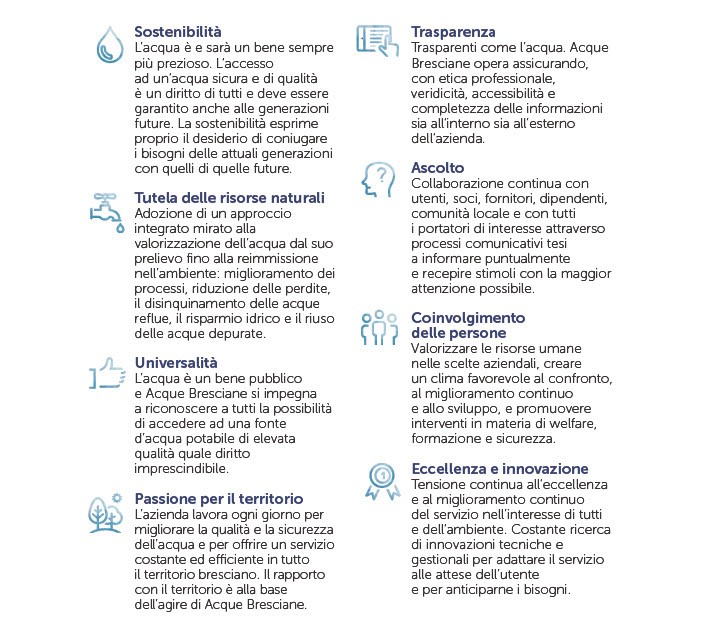 Sostenibilità, trasparenza, tutela delle risorse naturali, ascolto, universalità, coinvolgimento delle persone, passione per il territorio, eccellenza e innovazione